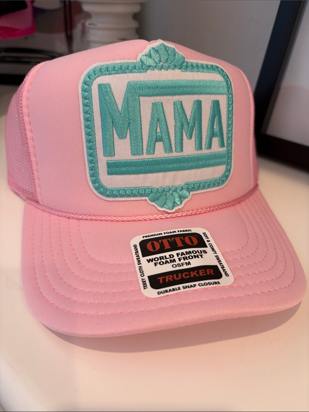 OTTO Pink Trucker Hat with Teal 'MAMA' Patch